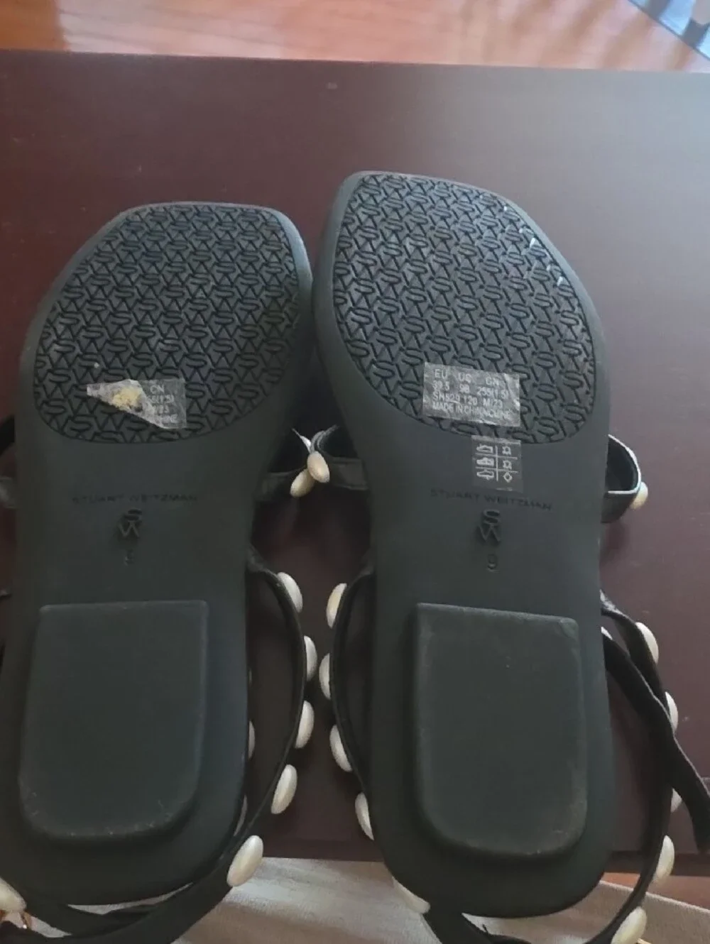 Stuart Weitzman Black Sandals with Ivory Stud Accents